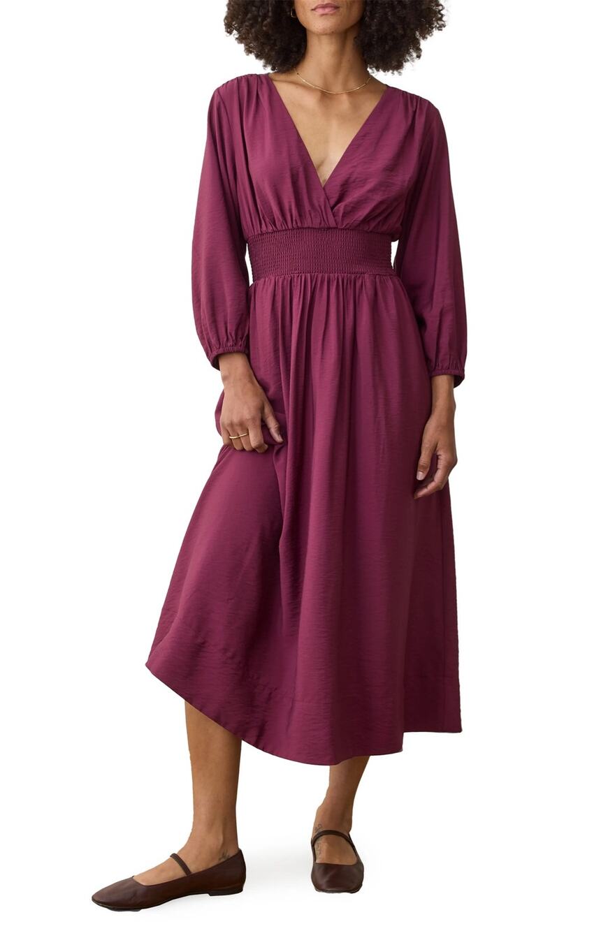 MARINE LAYER Daphne Maxi Dress in Fig Tencel Smocked Waist Large V Neck